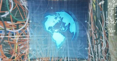 Image of data processing on screen over computer wires Foto stock