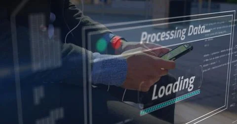 Image of data processing on screen over man using smartphone Foto stock