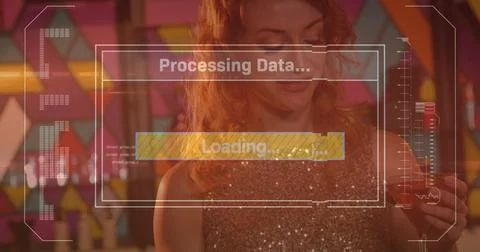 Image of data processing on screen over woman using smartphone 写真素材