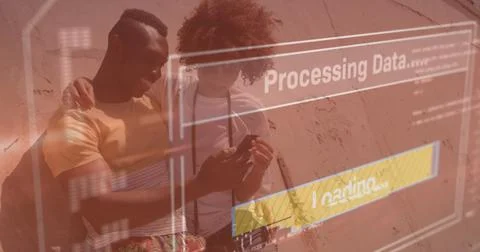 Image of data processing on screen over man and woman using smartphone 스톡 사진