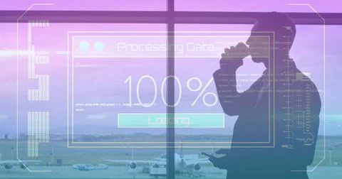 Image of data processing on screen over man using smartphone 스톡 사진