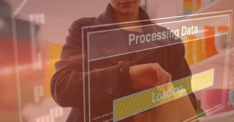 Image of data processing on screen over woman using smartwatch 写真素材