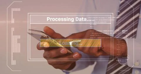 Image of data processing on screen over man using smartphone Stock Photos