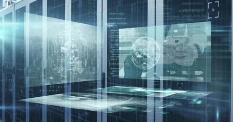 Image of data processing on screen over computer servers Foto stock