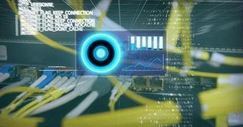 Image of data processing on screen over computer wires Stock Photos
