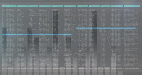Image of data processing on screen with statistics recording on grey background 写真素材