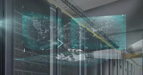 Image of data processing on screens and robot's arm over computer servers Illustrazione stock