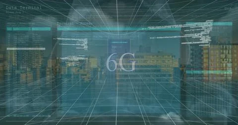 Image of data processing on screens and 6g over cityscape Foto stock