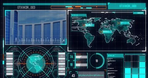 Image of data processing on screens with computer servers Foto stock