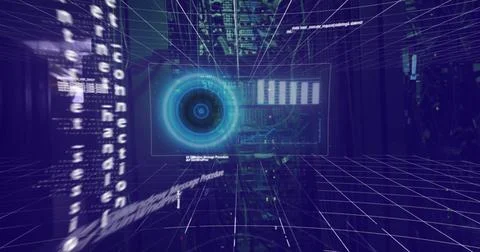 Image of data processing on screens over tech room with computer servers Stock Illustration