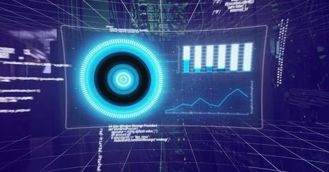 Image of data processing on screens over tech room with computer servers イラスト素材