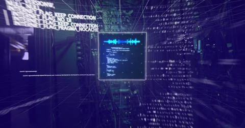 Image of data processing on screens over tech room with computer servers Illustrazione stock