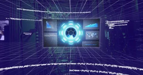 Image of data processing on screens over tech room with computer servers イラスト素材