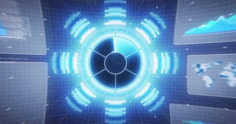 Image of data processing on screens over tech room with computer servers イラスト素材