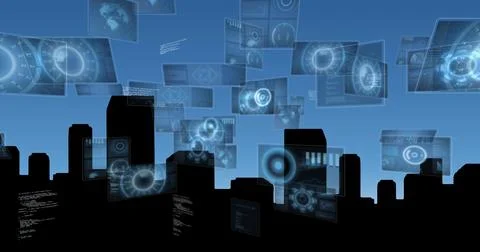 Image of data processing on screens over cityscape Stockillustratie