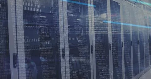 Image of data processing on screens over tech room with computer servers 스톡 사진