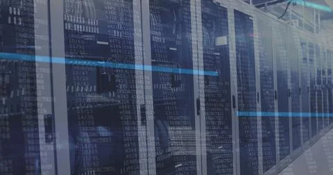 Image of data processing on screens over tech room with computer servers 写真素材