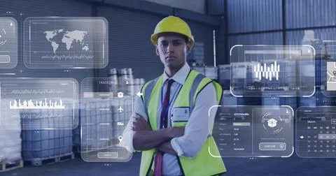 Image of data processing on screens over biracial man working in warehouse 스톡 사진