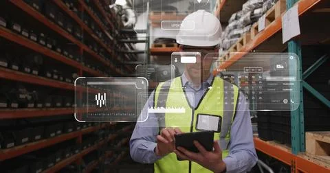 Image of data processing on screens over caucasian man working in warehouse Stock Photos