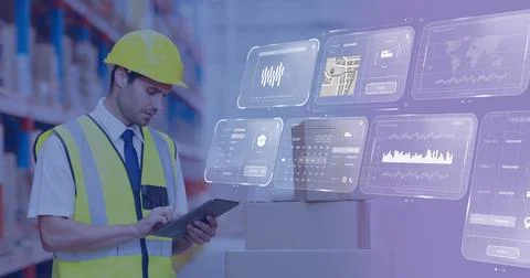 Image of data processing on screens over caucasian man working in warehouse Stock Photos