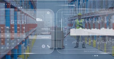 Image of data processing on screens over caucasian man working in warehouse Foto stock