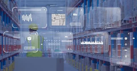 Image of data processing on screens over caucasian man working in warehouse Stock Photos