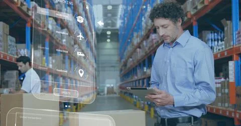 Image of data processing on screens over caucasian man working in warehouse Foto stock