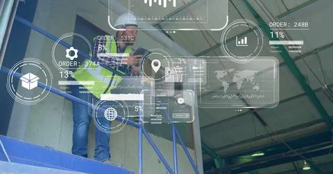 Image of data processing on screens over caucasian man working in warehouse Stock Photos