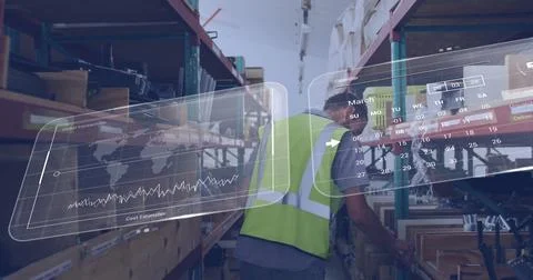 Image of data processing on screens over caucasian man working in warehouse Foto stock