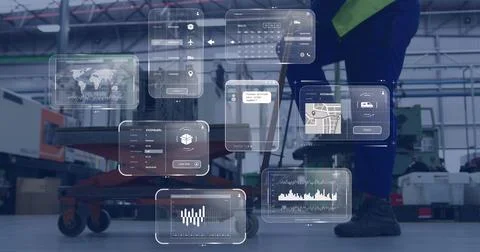 Image of data processing on screens over man working in warehouse Stock Photos