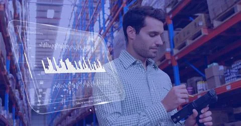 Image of data processing on screens over caucasian man working in warehouse Foto stock