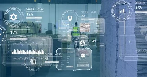 Image of data processing on screens over caucasian man working in warehouse 写真素材