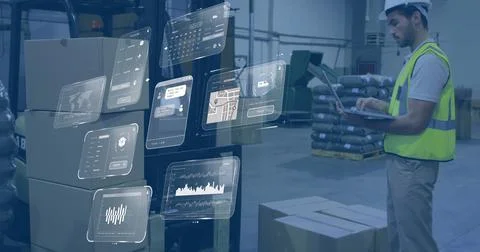 Image of data processing on screens over caucasian man working in warehouse 库存照片