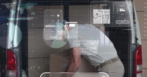 Image of data processing on screens over caucasian delivery man with boxes Stock Photos