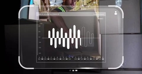 Image of data processing on screens over caucasian delivery man in warehouse Stock Photos
