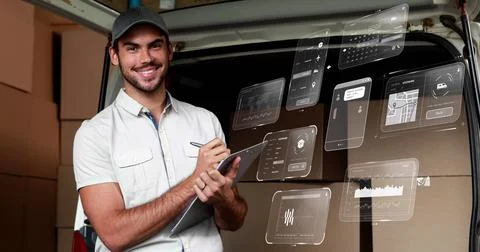 Image of data processing on screens over caucasian delivery man and cardboard Stock Photos
