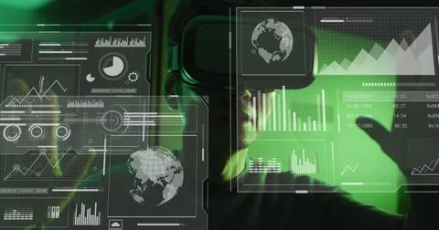 Image of data processing on screens over asian man in vr headset Stock Photos