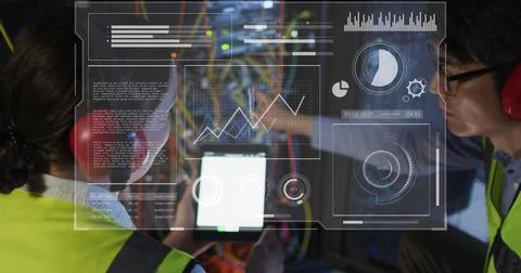 Image of data processing on screens over diverse woman and man checking servers Stock Photos