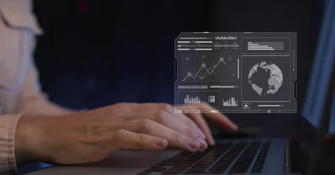 Image of data processing on screens over hands of caucasian woman working on 写真素材