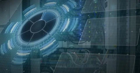 Image of data processing on screens over computer wires Foto stock