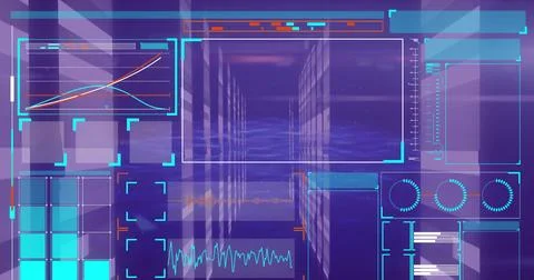 Image of data processing on screens over computer servers 写真素材
