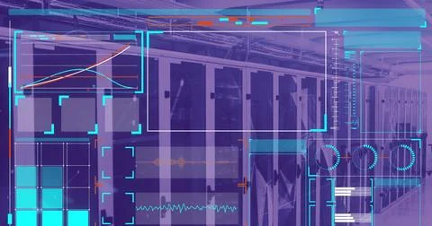 Image of data processing on screens over computer servers Stock Photos