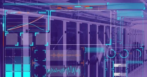 Image of data processing on screens over computer servers Stock Photos