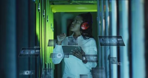 Image of data processing on screens over african american woman working in Foto stock