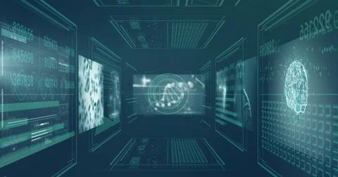 Image of data processing on screens over dark background 스톡 사진