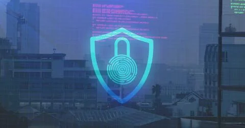 Image of data processing with shield and padlock icon over cityscape 스톡 사진