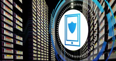 Image of data processing with shield icon over server room Illustrazione stock