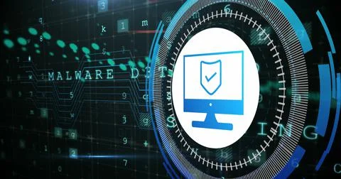Image of data processing with shield icon over blue background 库存插图