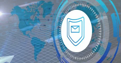 Image of data processing with shield icon over blue background Illustrazione stock