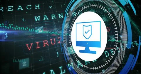 Image of data processing with shield icon over blue background Illustrazione stock